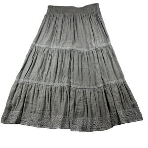 Wonderly Tiered Peasant Skirt Embroidered Pull On Elastic Waist Gray Large I116